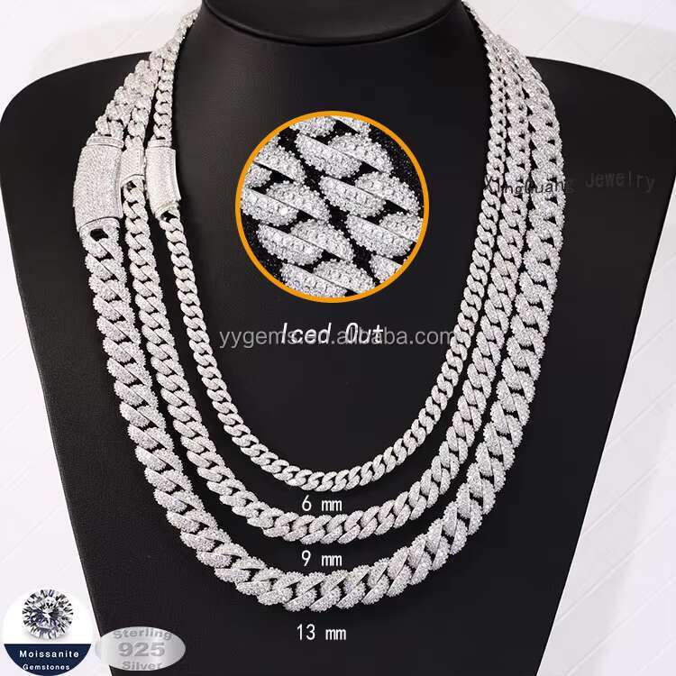 Top Fashion S925 Sterling Silver Hip-Hop Jewelry Gold Plated 6-13mm Full Iced Out Moissanite Cuban Chain Necklace for Wholesale