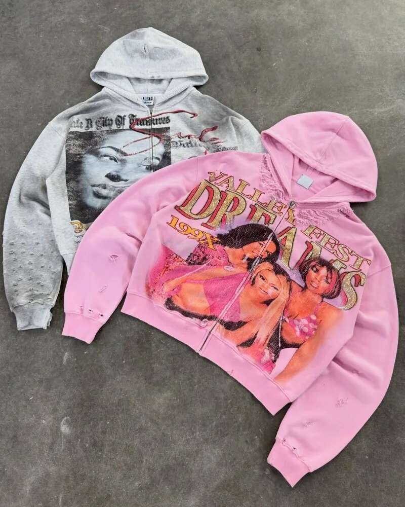 2025 Y2k American Haruku Retro Cartoon Printed Sweatshirt Men Casual Loose Hip Hop Oversized Zipper Hoodie Women
