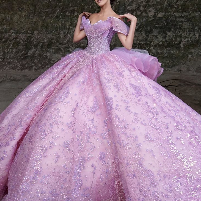 Pink Shiny Princess Quinceanera Dresses Off Shoulder Beads Sequin Applique Lace Tull Sweet 16 Dress Ball Gown Vestidos 15 Anos