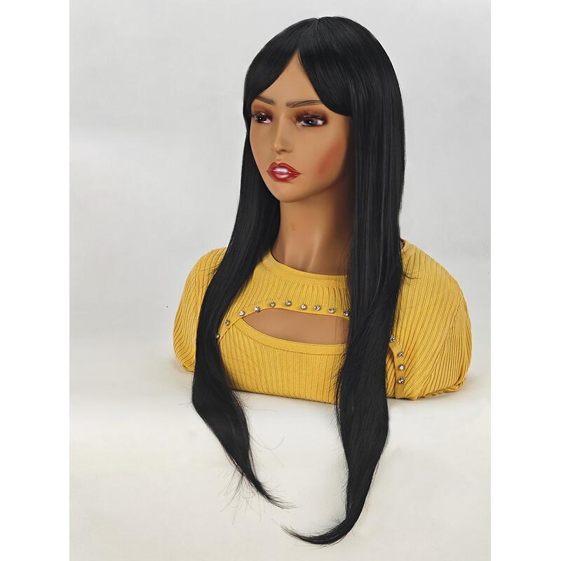 ENTRANCED STYLES Natural Women Long Straight with Bangs Black Hair Wigs Heat Resistant Synthetic Womens Wig for Daily Party Use 24 Inch