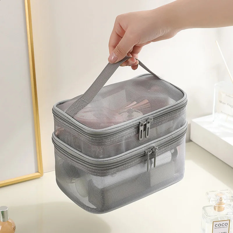 Grey double-layer mesh makeup bag womens portable makeup box large capacity travel zipper makeup organizer makeup box 250410