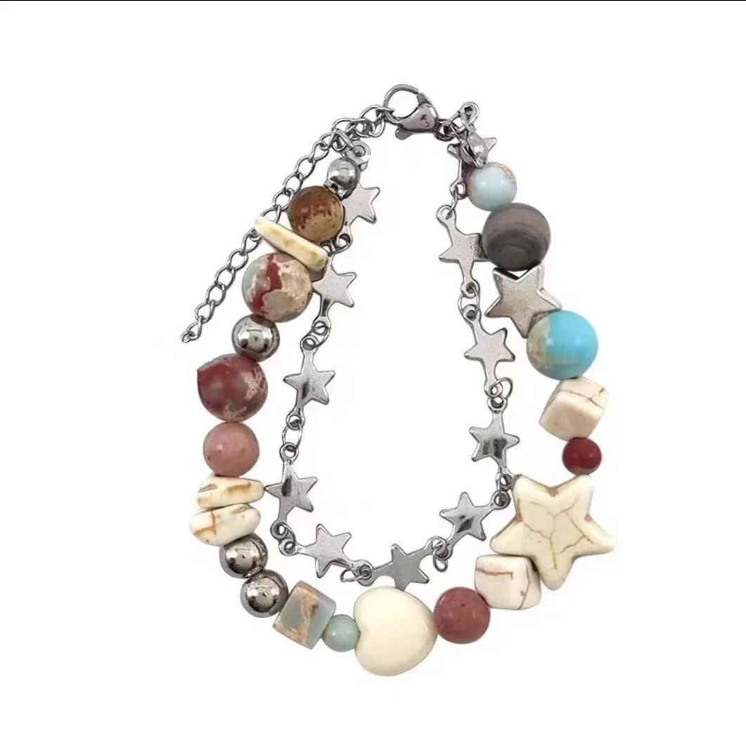 *Natural stone bead pearl double-layer bracelet womens retro bracelet light high-end handicraft 250409