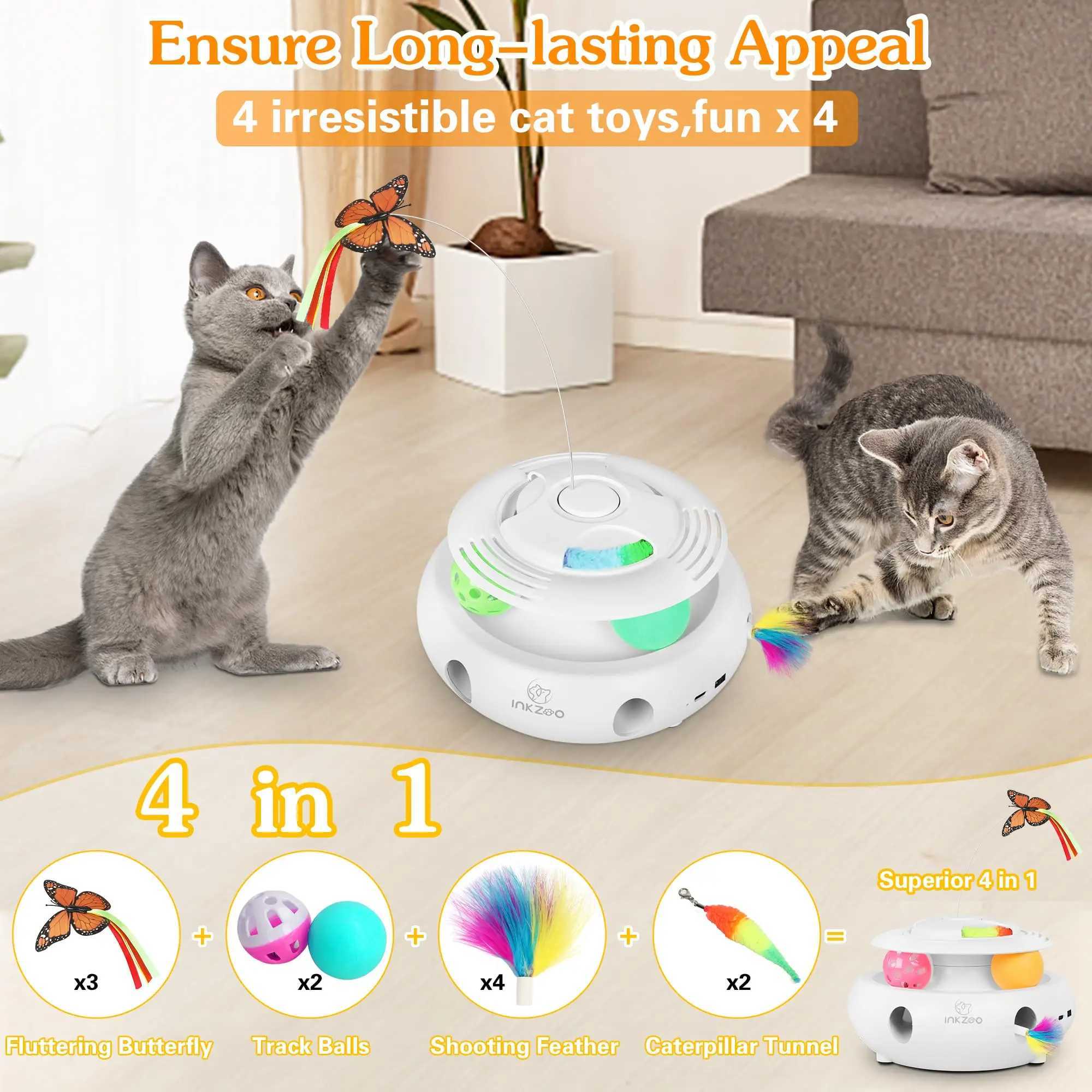 4-in-1 Interactive Cat Toys for Indoor Automatic 6 Holes Mice Whack-A-Mole Fluttering Butterfly Track BallsUSB Rechargeable Y250412