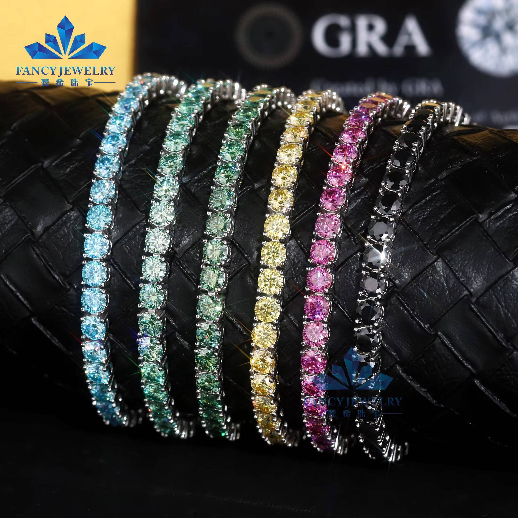 FancyJewelry Hip Hop 925 Sterling Silver VVS Moissanite Diamond 3mm Moissanite Tennis Bracelet Black Blue Blue-Green Yellow Pink