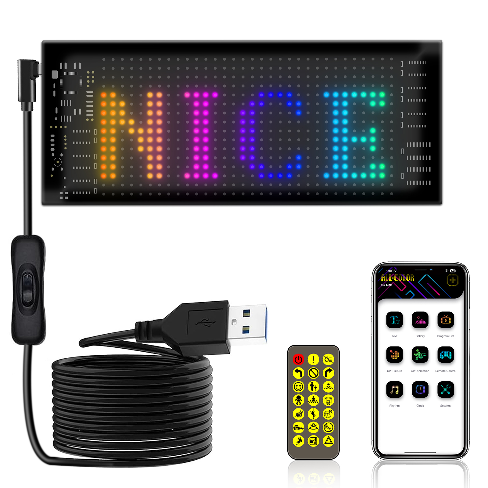 FL- LED Sign for Car, 7''x3'' Flexible USB 5V Digital Sign, Programmable LED Sign, App Control Custom Text Pattern Animation for S