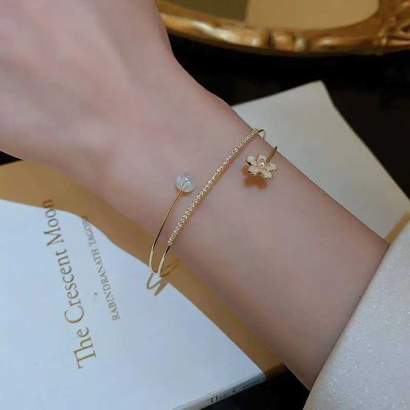 KADRUFI Luxury Zircon Flower Imitation Pearl Opening Bracelet Bangle Women Gold Color 3 Layer Korean Fashion Bangles JewelryC250411