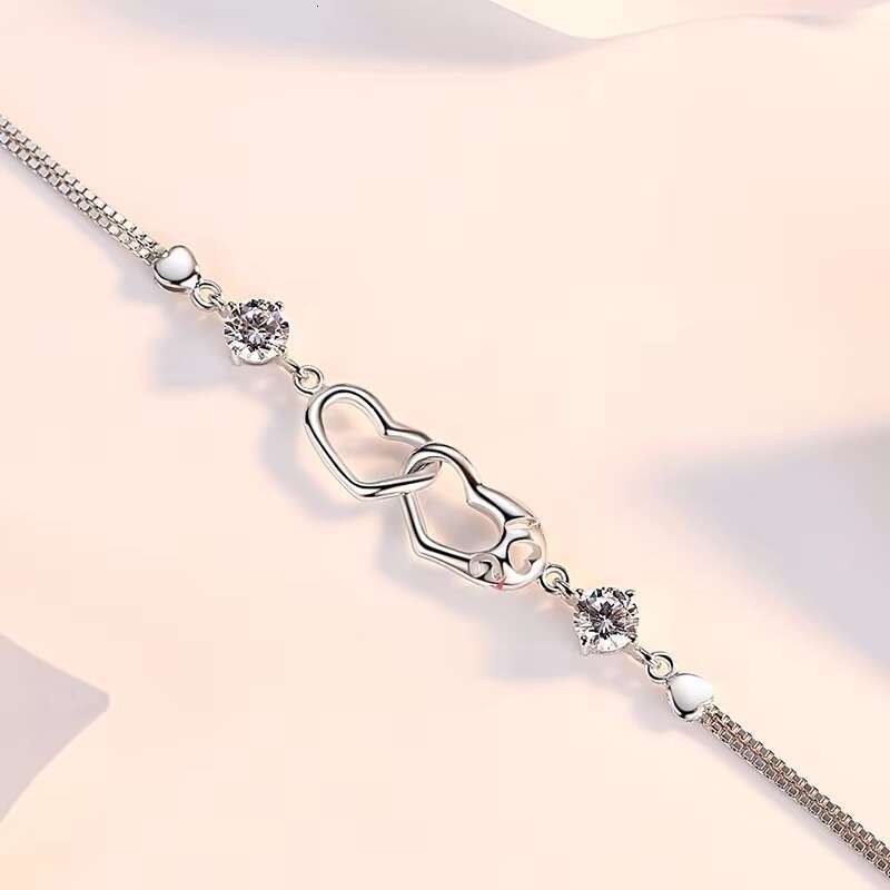 Wholesale 1Carat Moissanite Bracelet for Women S925 Sterling Silver Minimalist Fashion Double Heart Shaped Hand Chain Jewelry