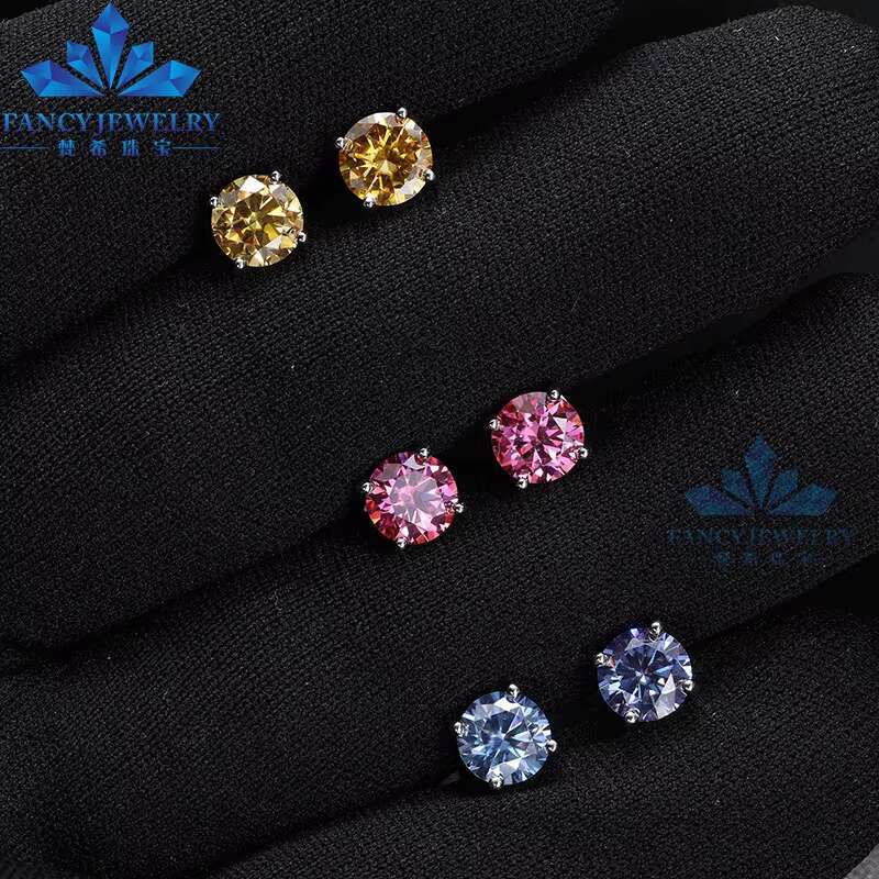 Trendy Simple Classic Fancy Sterling Silver 6mm 0.8carat champagne pink Blue Color Vvs Real Moissanite Stud Earrings