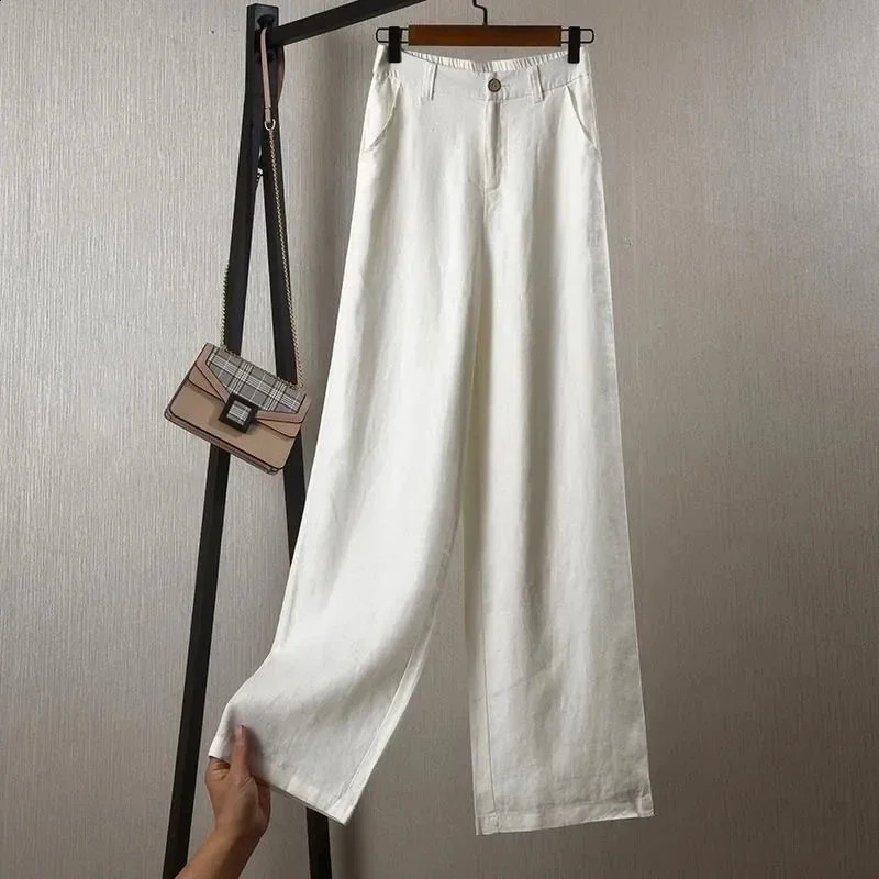 Fashion Cotton Linen Pants Women Elegant High Waist White Wide Leg Trouser Woman Casual Baggy Straight Streetwear Pants 250411