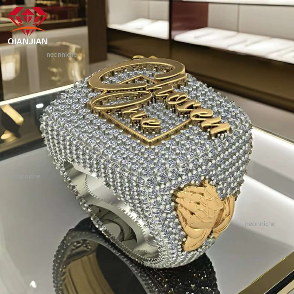 Qianjian Vvs Moissanite Ring Pass Dia Test Custom Letter Name Sier Fine Jewelry Rings for Men