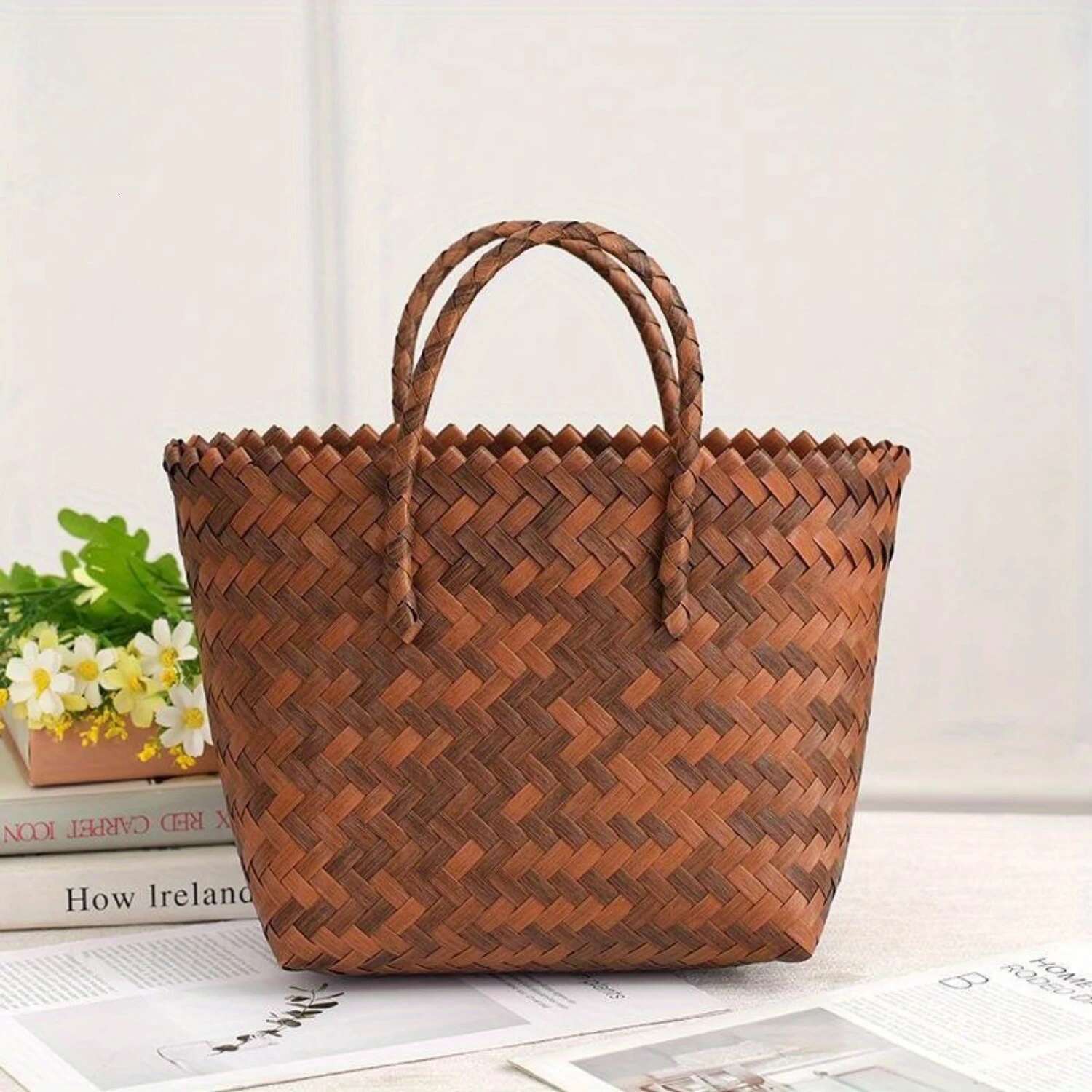 Imitation Rattan Woven Tote Small Vegetable Basket Bag, Women Travel Vacation Beach Bag