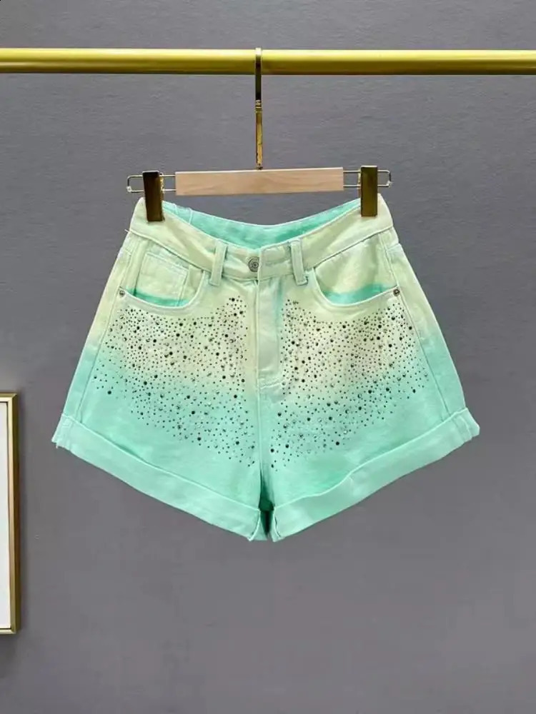 Korean Fashion Diamond Gradient Wide Leg Denim Shorts Womens Autumn High Waist Slim Jean Short Pant Trendy Streetwear 250411