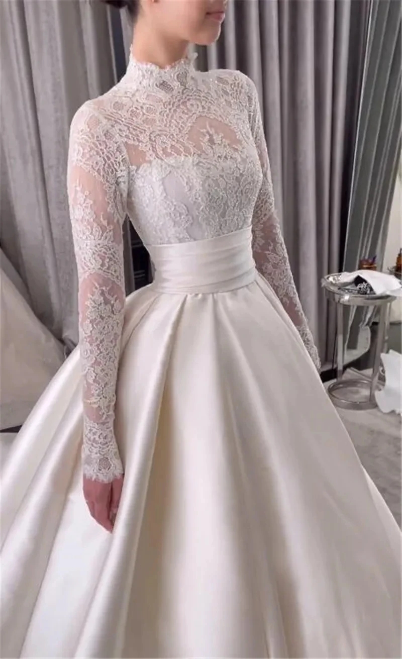 2026 Elegant A Line Lace Wedding Dresses High Neck Long Sleeves Button Back Train Bridal Bride Party Gowns Vestidos De Noiva