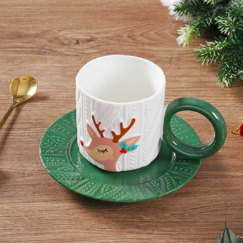 Christmas Relief Grain Hand-painted Ceramic Cups and Saucers Creative Hand-painted Santa Claus Elk Coffee Cup Set Drinking Holiday Gifts Y251112