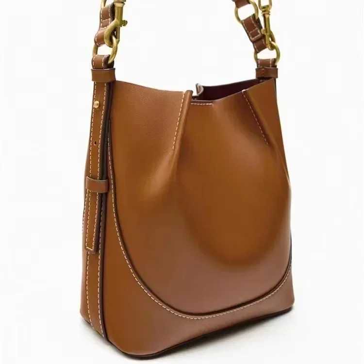 2024 New ZA Womens Brown Folded Binding Mouth Carrying Bucket Wide Shoulder Strap Cross Body Bag Womens Full MahXJ250412
