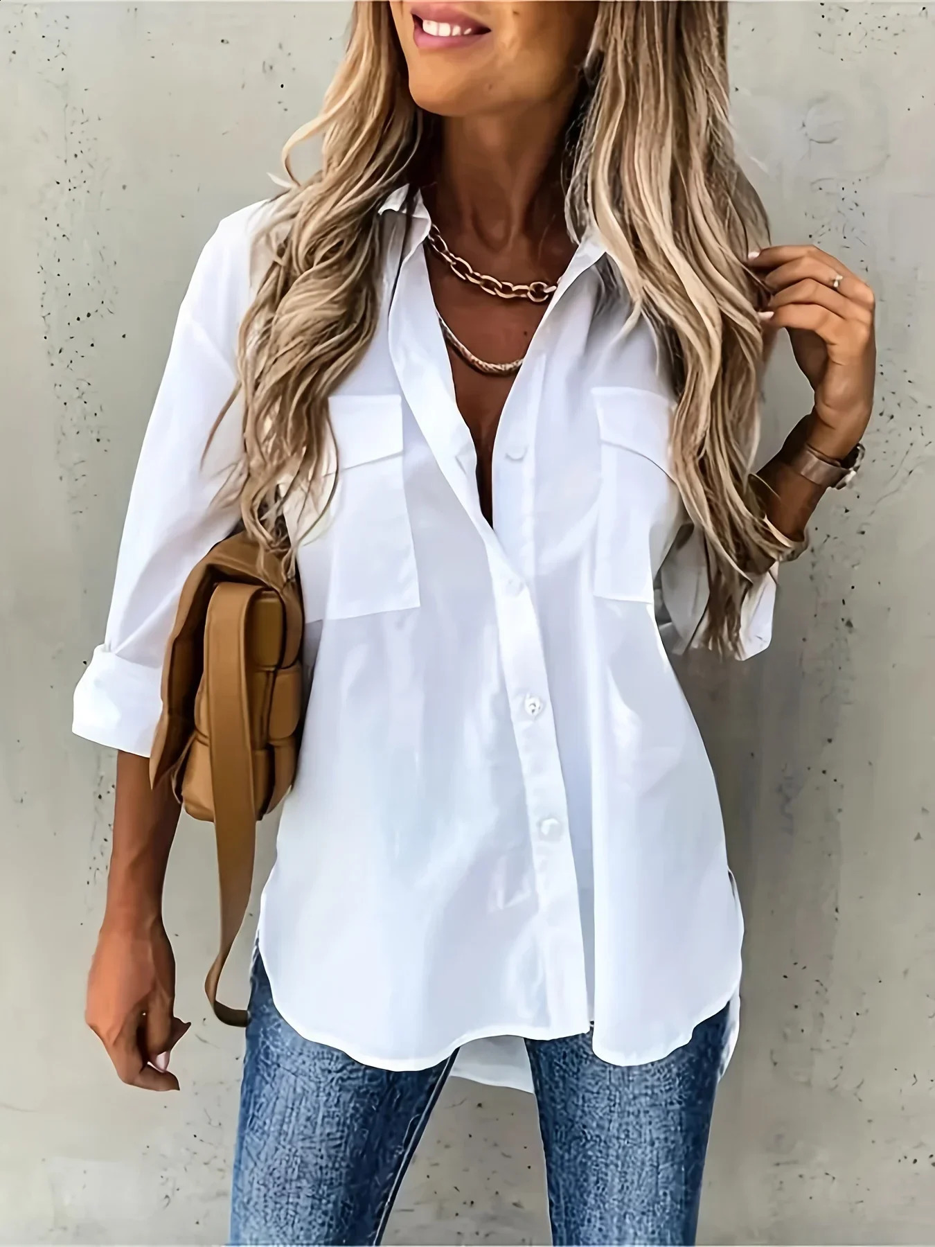 Fashion Plus Size Womens Versatile Solid Color Shirt Lapel Pocket Decoration Shirt Casual Loose and Simple Long Sleeved Shirt 250411