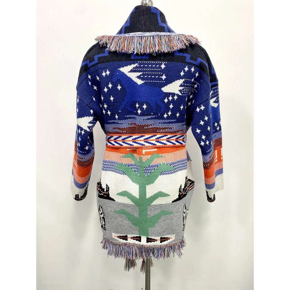 WQJGR High Quality Jacquard Cardigan Sweater Women Wool Cashmere Blue Kniited Tassel Loose Full Sleeve Fashion Autumn Winter