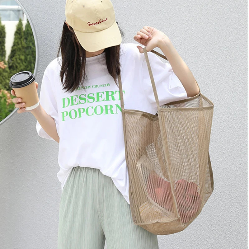 Summer Mesh Bag Hollow Out Large Capacity Shoulder Bags For Women Travel Beach Bag Student Bookbag Shopping Back 250407