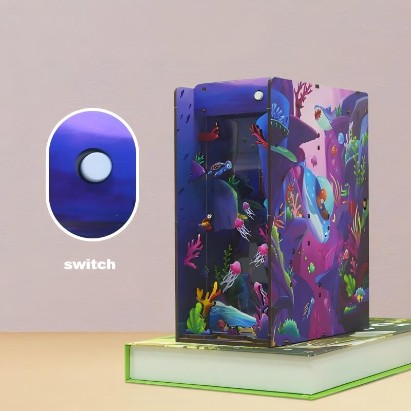 Sea World DIY Assembled Bookend, Exquisite Underwater-Themed Wooden Craft with LED Light Effect, Creative Bookshelf Insert Decor for Ocean Lovers & Gi