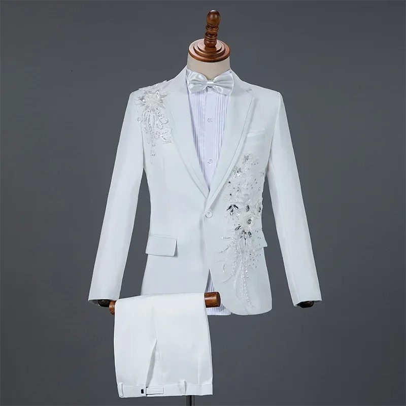 Men Wedding Suit 2 Piece Blue / Red Fashion Singer Host Dance Party Decal Dress Set Slim Male Blazer and Pant 251105