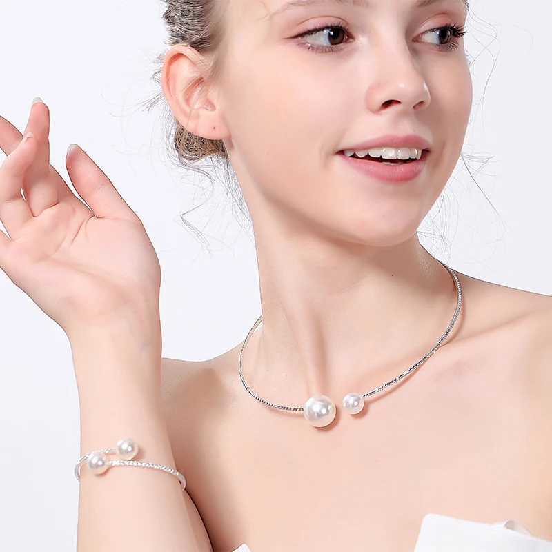 Elegant Crystal Imitation Pearl Open Bracelets for Women Gold Silver Plated Cuff Bangles necklace set Pulseras Mujer JewelryC250411