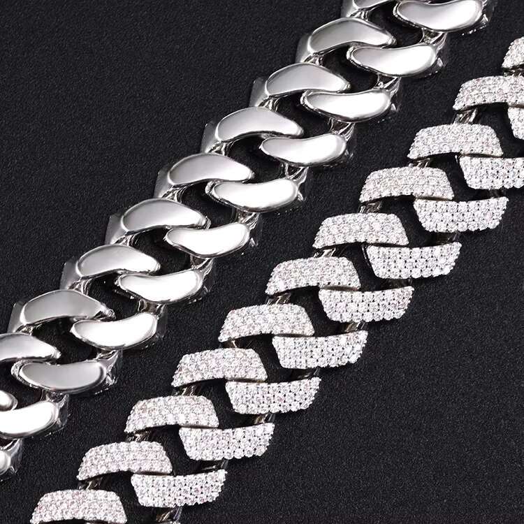Wholesale Silver 925 Wide 15mm 3 Rows Plated White Gold Cuban Necklace with GRA D/VVS Moissanite