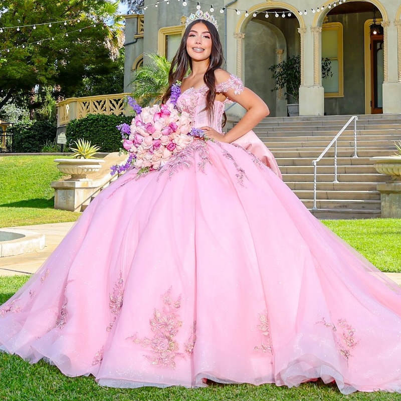 Pink Quinceanera Dresses Off Shoulder Ball Gown Sweet 16 Dress Applique Lace Bow Beads Tull Corset Birthday Party Vestidos 15 De Anos