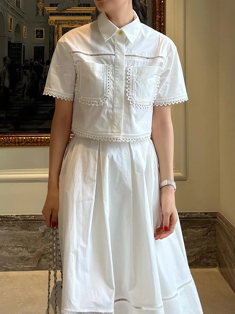 GALCAUR Elegant Two Piece Sets For Women Lapel Short Sleeve Tops High Waist A Line Pleated Skirts Solid Set Female Summer 250411
