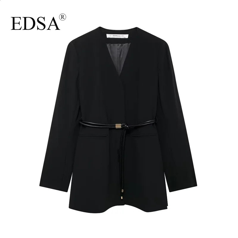 EDSA Womens Belt Jacket Long Sleeve Shoulder Pads Vneck Office Coat 250407