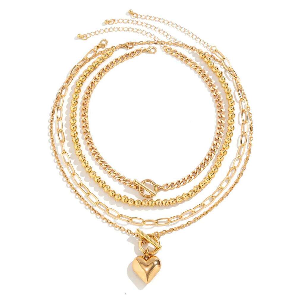 Punk Gold Color Heart Pendant Necklace for Women 2024 Trendy OT Buckle Beaded Neck Chain Choker Y2K Jewelry Accessories