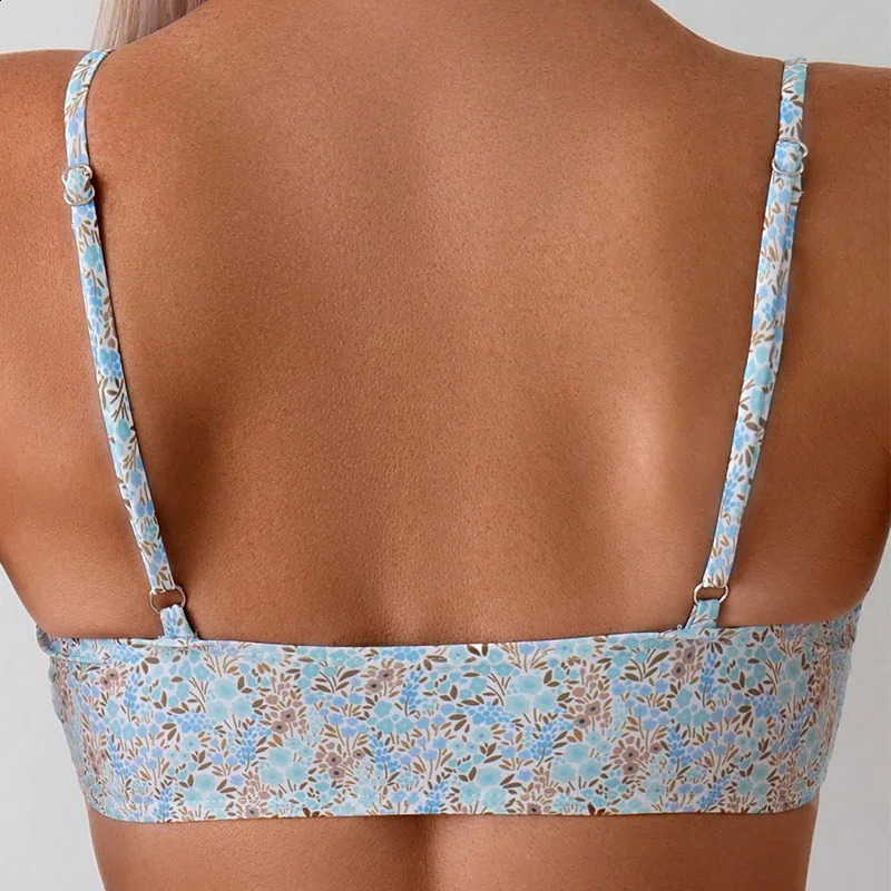 Floral Printed Bikini Set Womens Light Blue Lace 2-piece Swimsuit V-neck Pendant Backless Beach Resort Swimsuit 250408
