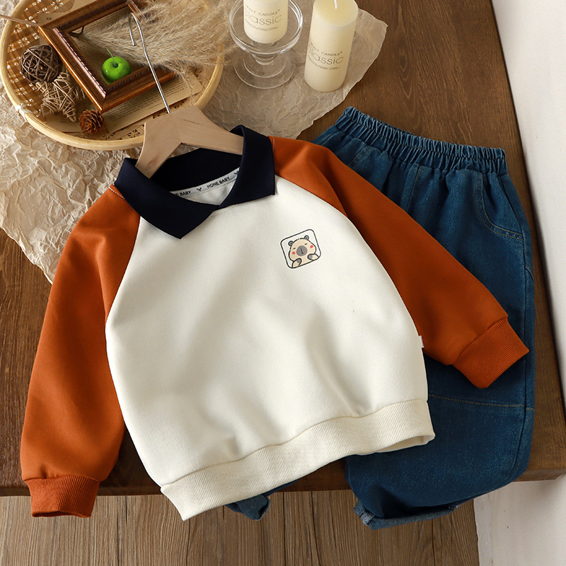 Ddmyshoesvip New Boys Lapel Children S Trendy Casual Contrasting Color Pullover Hoodie Girls Inner Outfit