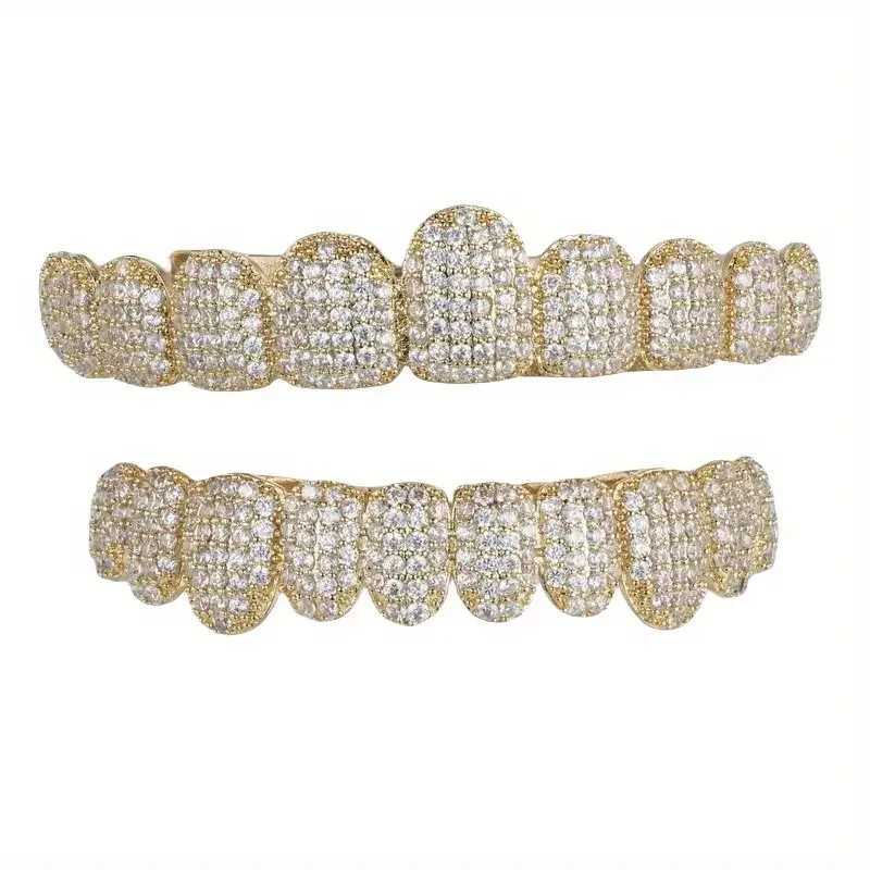 A set of ultra shiny 18k gold-plated miniature inlaid zircon tooth rack Grilz suitable for mens hip-hop teeth jewelry gifts W250412