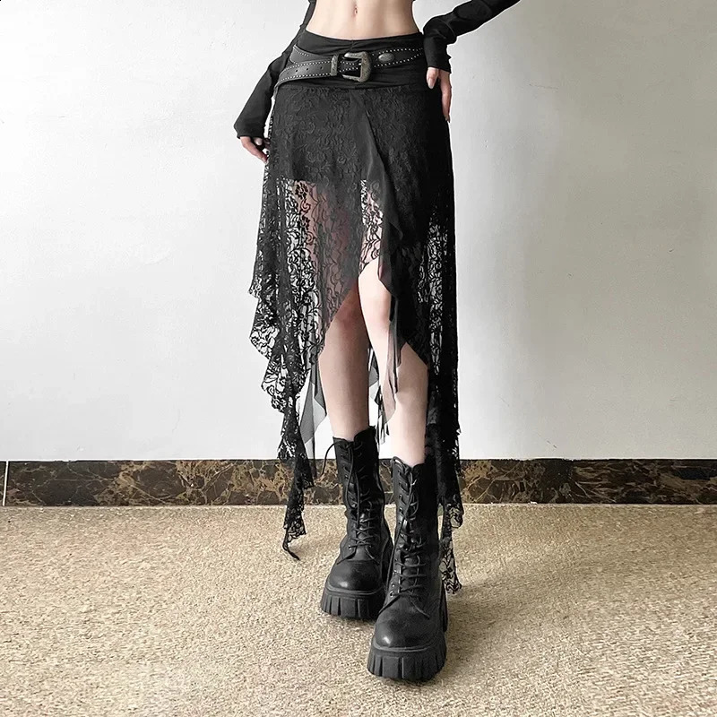 Y2K Goth Dark Irregular Hem Lace Patchwork Mid Skirts Women Streetwear Fairy Slim Pleat A-line Skirt Mall Goth Fashion Bottoms 250411
