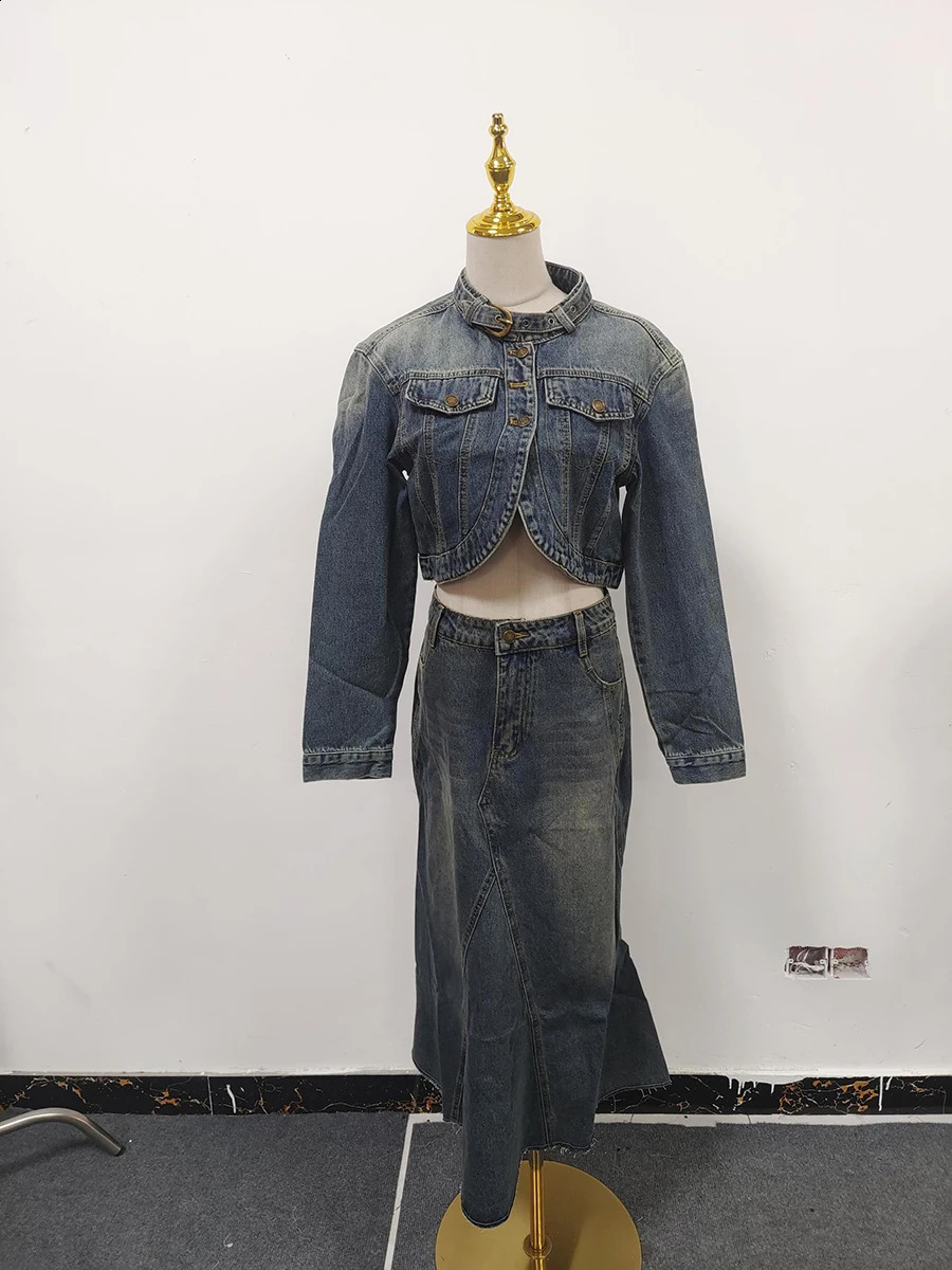VGH Spliced Denim Two Piece Sets For Women Stand Collar Long Sleeeve Short Top High Waist Back Split Skirt Vintage Suits Female 250411