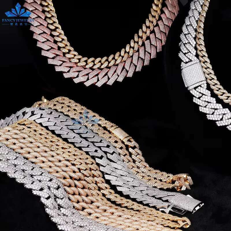 Full VVS Moissanite Design Custom Iced Out Cuban Chain 12mm 2Row 925 Sterling Silver Diamond Cuban Necklace Hip Hop Jewelry