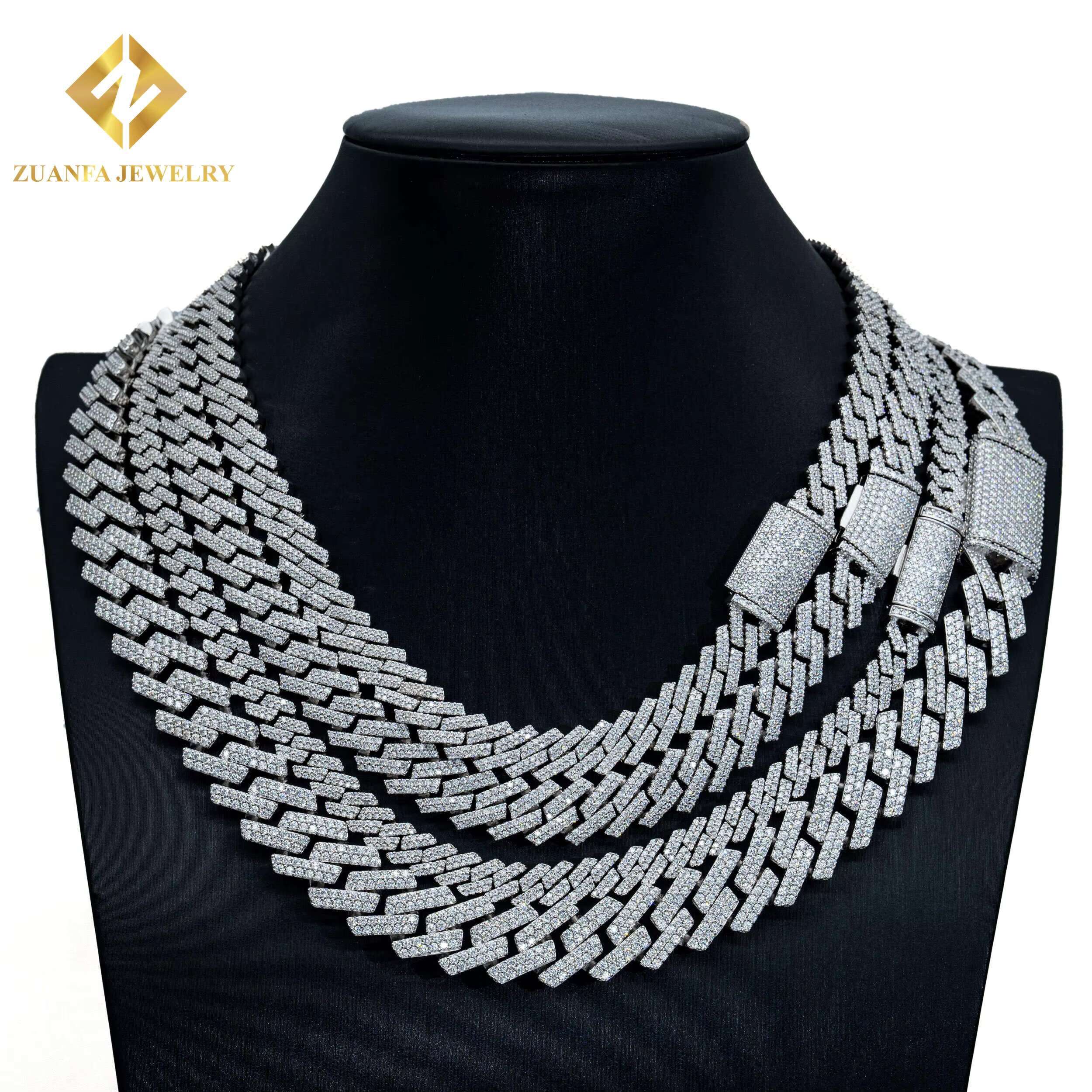 Pass Diamond Tester GRA Moissanite Diamond 8/10/12/15mm 2Rows 925 Solid Silver Cuban Link Chain for Rapper Hip Hop Necklace