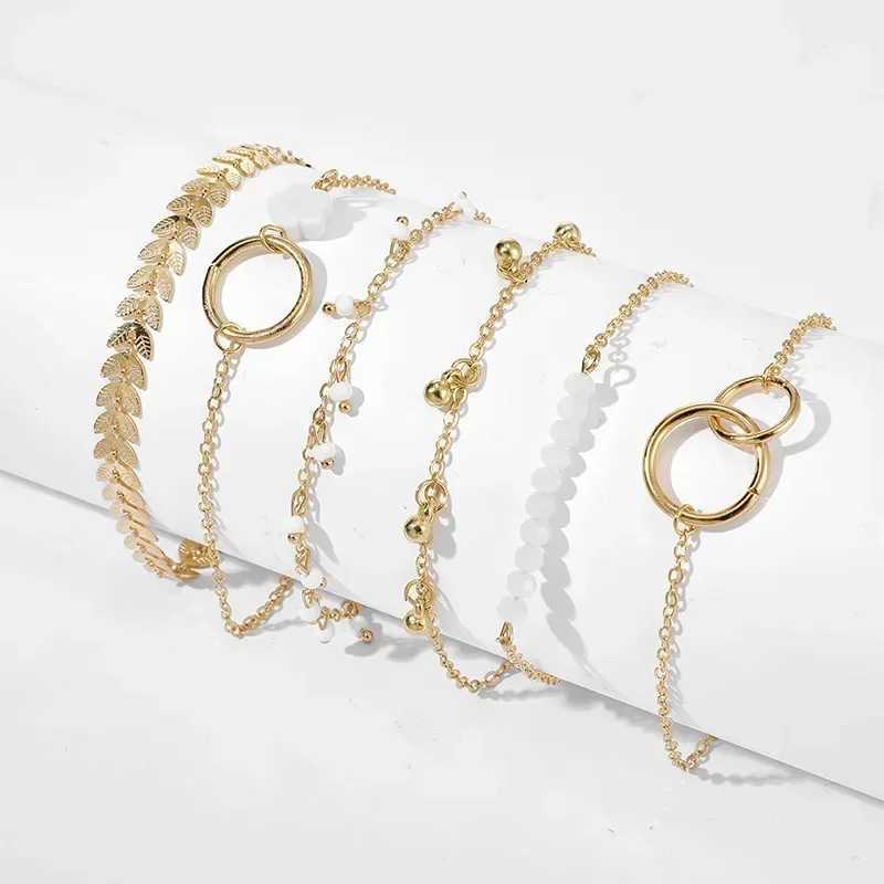 6pcs/sets Trendy Ins Flower Tassel Round Bead Bracelets for Women Charm Leaf Geometric Shape Adjustable Bracelet Jewelry GiftC250411