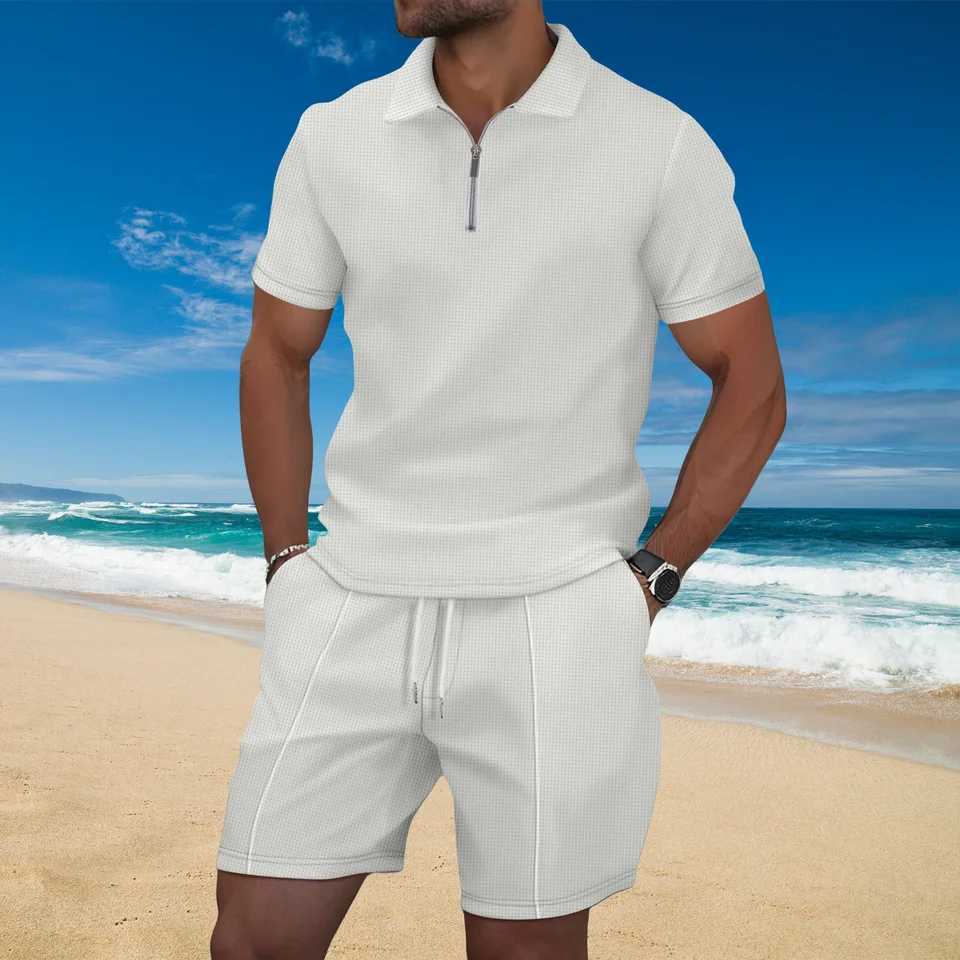 Summer mens new simple and fashionable waffle slim fit short sleeved T-shirt+shorts set with lapel zipper solid color casual outdoor sports suXJ250412