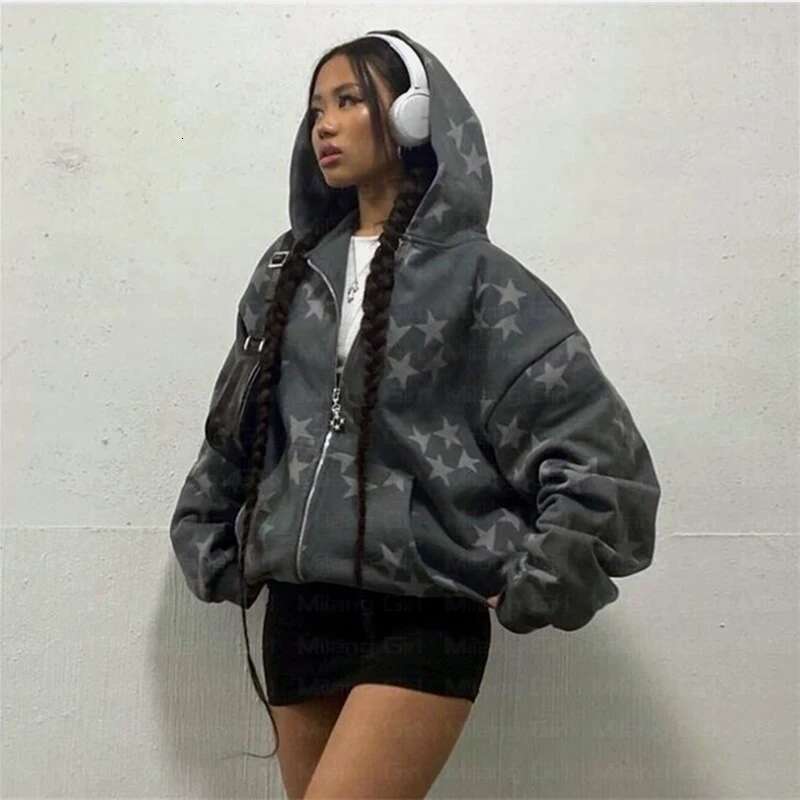 Y2k Hoodies Women Haruku Star Print Loose Sweatshirt Trousers Hip Hop Punk Long Sleeve Pocket Men Tops Sweatpant Streetwear