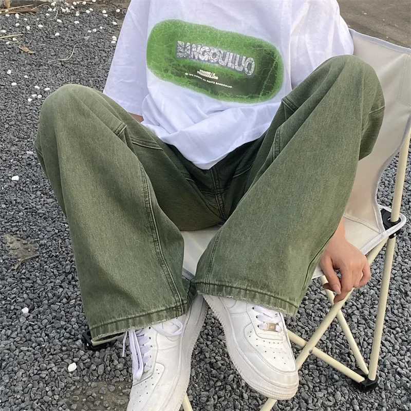 Green jeans loose retro denim mens wide leg pants mens streetwear retro oversized casual hip-hop W250412