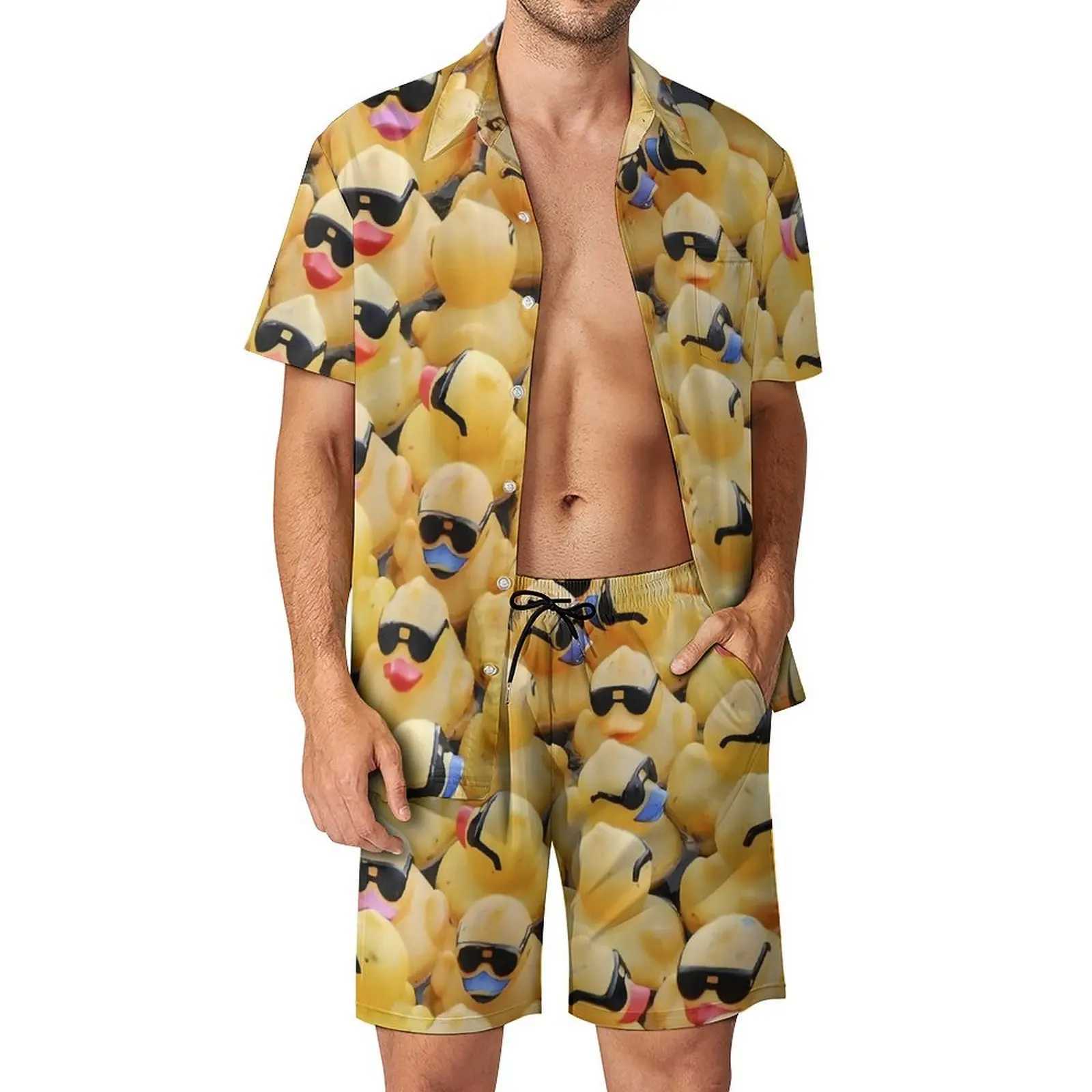 Summer Yellow Rubber Duck 3D Printed Mens Shirt Set Short Sleeve Oversized Beach Shorts Street Clothing Hawaii SetXJ250412