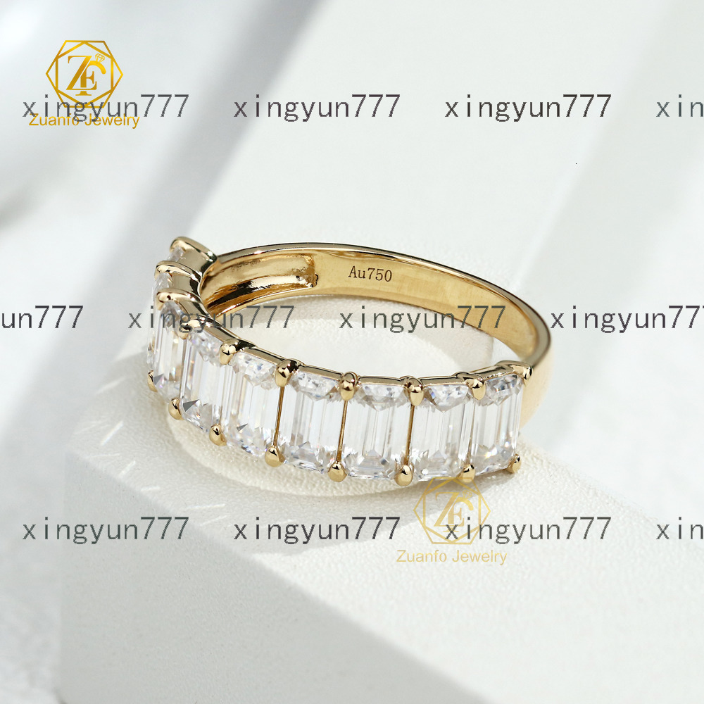 Elegant Style Solid 18K Real Gold Half Eternity Band D/VVS Emerald Cut Moissanite Wedding Band Ring