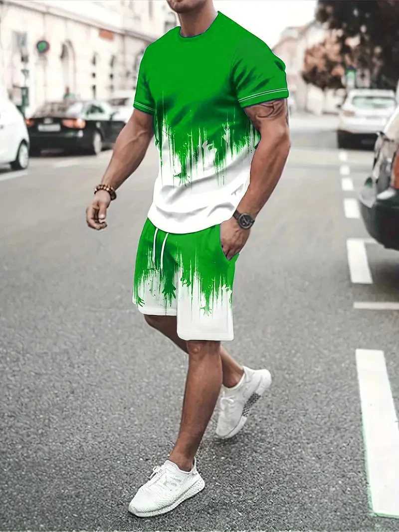 Fashion tie dye pattern mens two-piece summer 3D printed short sleeved T-shirt and short street trend mens set 6XL largeXJ250412