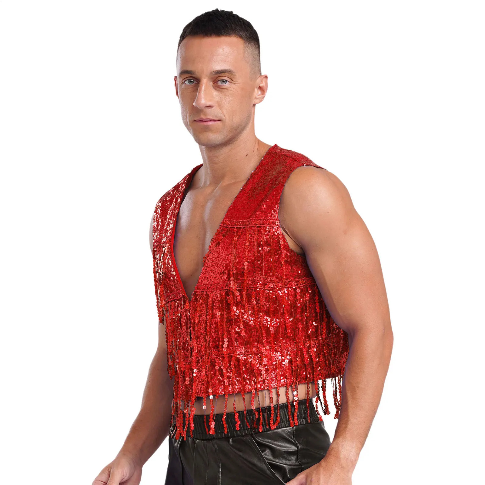 Men Shiny Sequins Club Dance Costume Vest Sleeveless Tassel Waistcoat Musical Festival Carnival Stage Performance Dancewear 250407