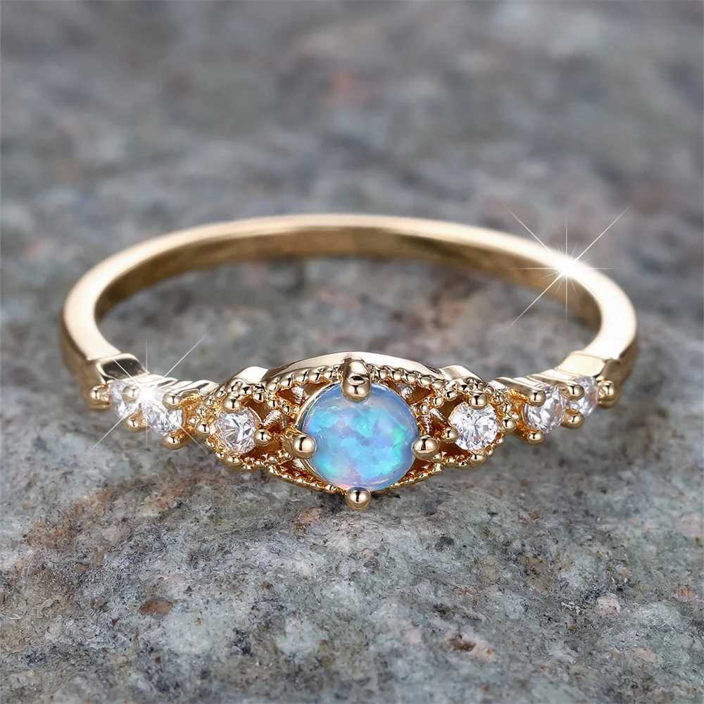 Blue Opal Small Round Stone Female Engagement Ring Vintage Gold White Zircon Wedding Ring Birthday Stone Jewelry GiftXJ250412