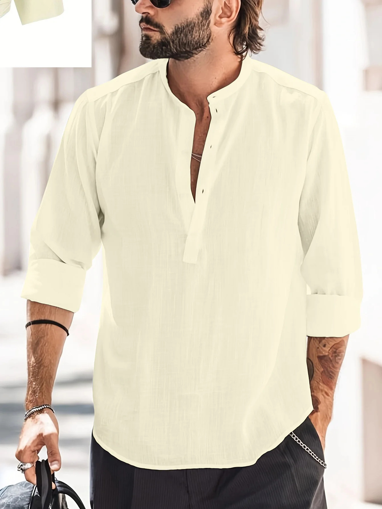 European American Foreign Trade Mens Casual Stand-up Collar Solid Color Long-sleeved Shirt Slub Cotton and Linen Shirt 250411