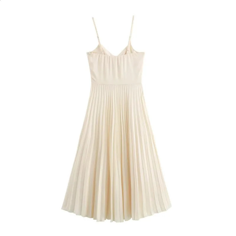 Wxw4858 beige sleeveless spaghetti strap dress high waisted Aline strapless pleated ultrathin backless Midi 250411