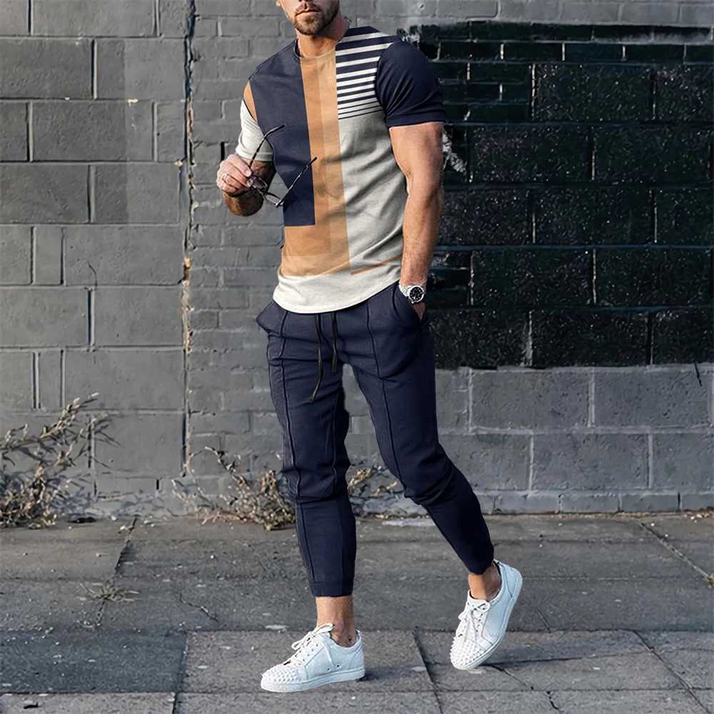 Mens T-shirt track set 2-piece short sleeved sportswear set fashionable mens clothing mens casual O-neck top pants setXJ250412