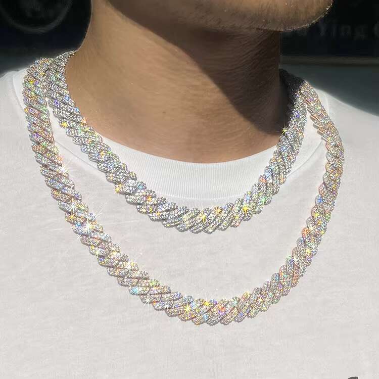 Yu Ying Pass Diamond Test 12mm Wide 2Rows Cuban Link Chain 925 Silver Hip Hop VVS Moissanite Chain Mens Jewelry